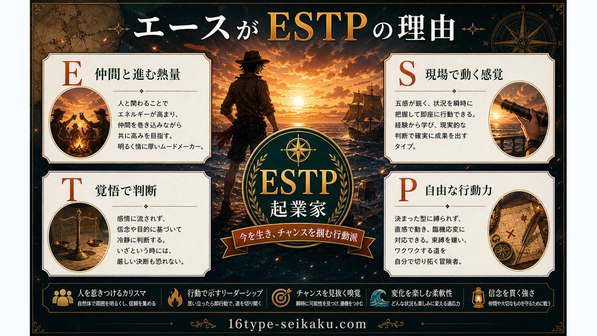 なぜポートガス・D・エース（ワンピース）がESTP（起業家）なのかの要点をまとめたMBTIキャラ診断インフォグラフィック