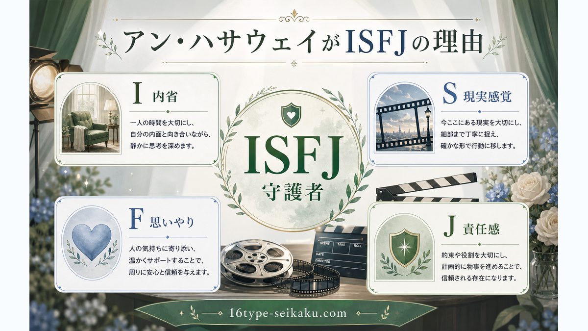 なぜアン・ハサウェイがISFJ（守護者）なのかの要点をまとめたMBTI人物分析インフォグラフィック
