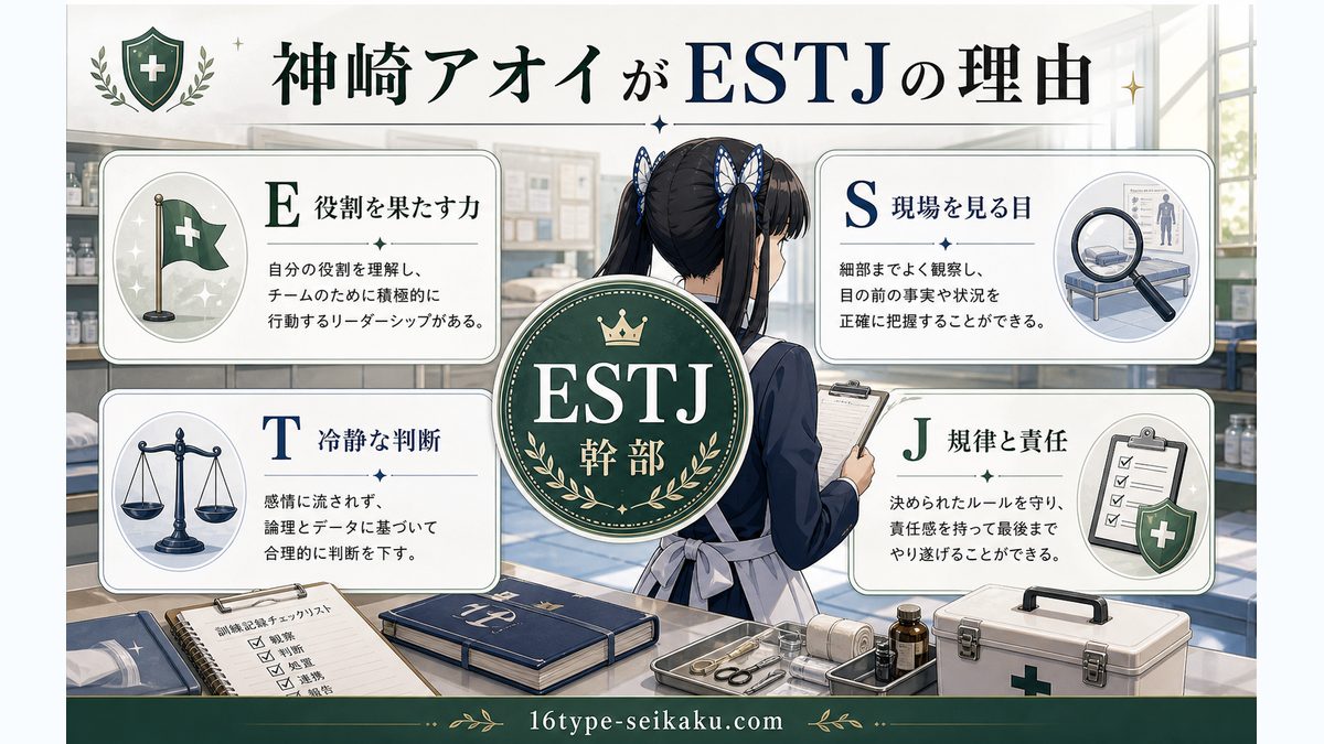 なぜ神崎アオイ（鬼滅の刃）がESTJ（幹部）なのかの要点をまとめたMBTIキャラ診断インフォグラフィック