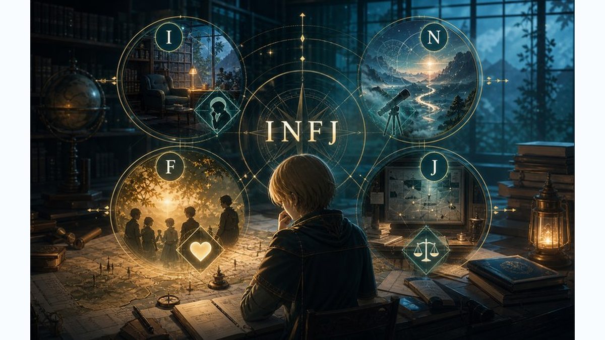 アルミンがINFJ（提唱者）タイプである理由の要点をまとめたMBTIキャラ診断インフォグラフィック