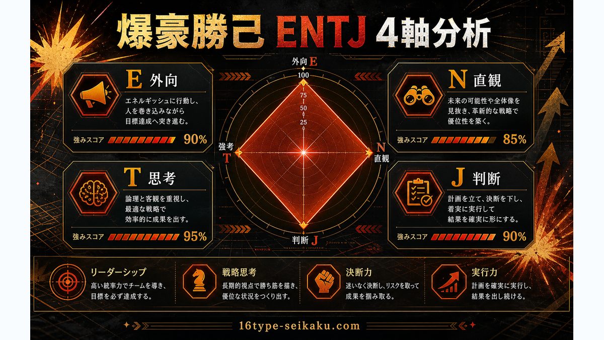 爆豪がENTJ（指揮官タイプ）である理由の要点をまとめたMBTIキャラ診断インフォグラフィック