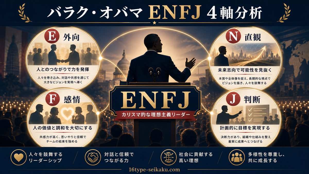 バラク・オバマとは？の要点をまとめたMBTI人物分析インフォグラフィック