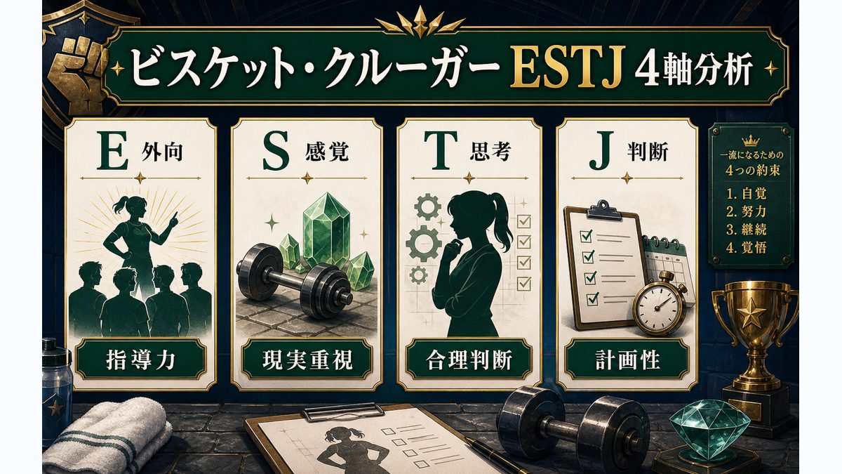 ビスケット・クルーガーの基本情報の要点をまとめたMBTIキャラ診断インフォグラフィック