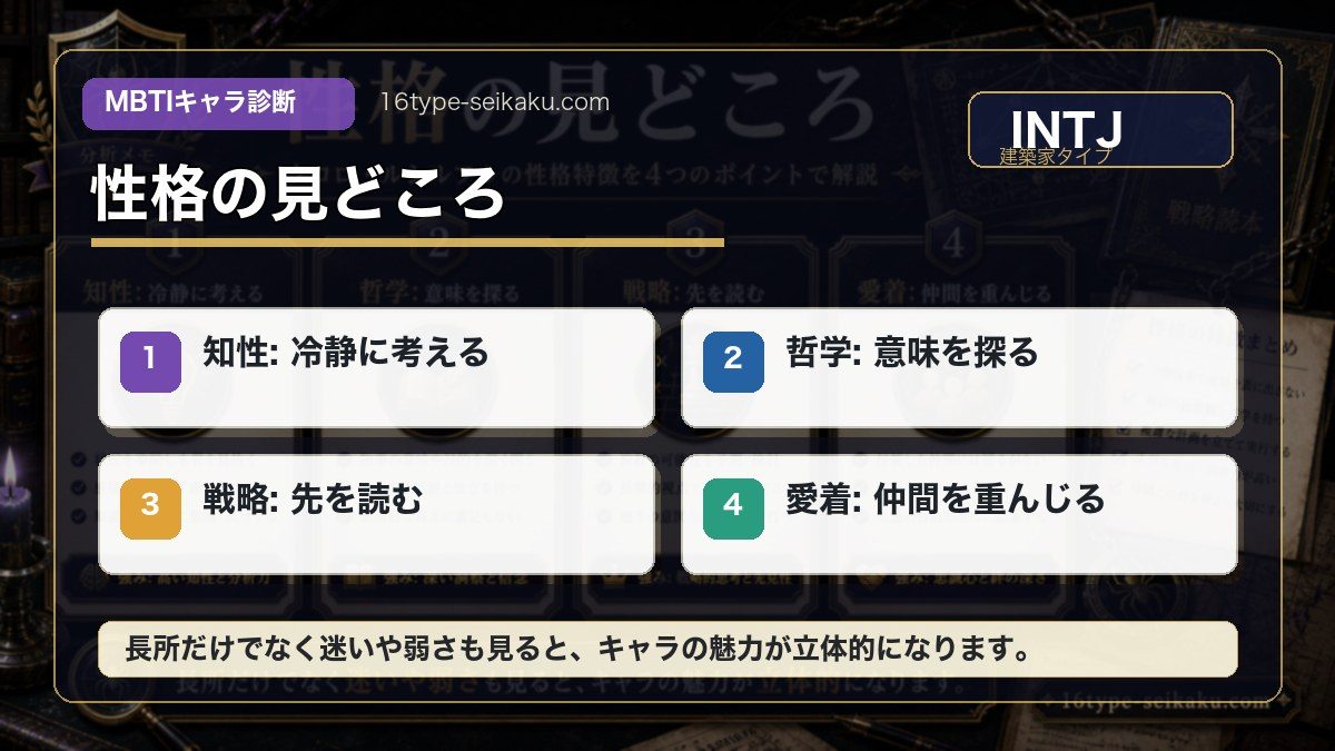 クロロ・ルシルフルの性格特徴の要点をまとめたMBTIキャラ診断インフォグラフィック