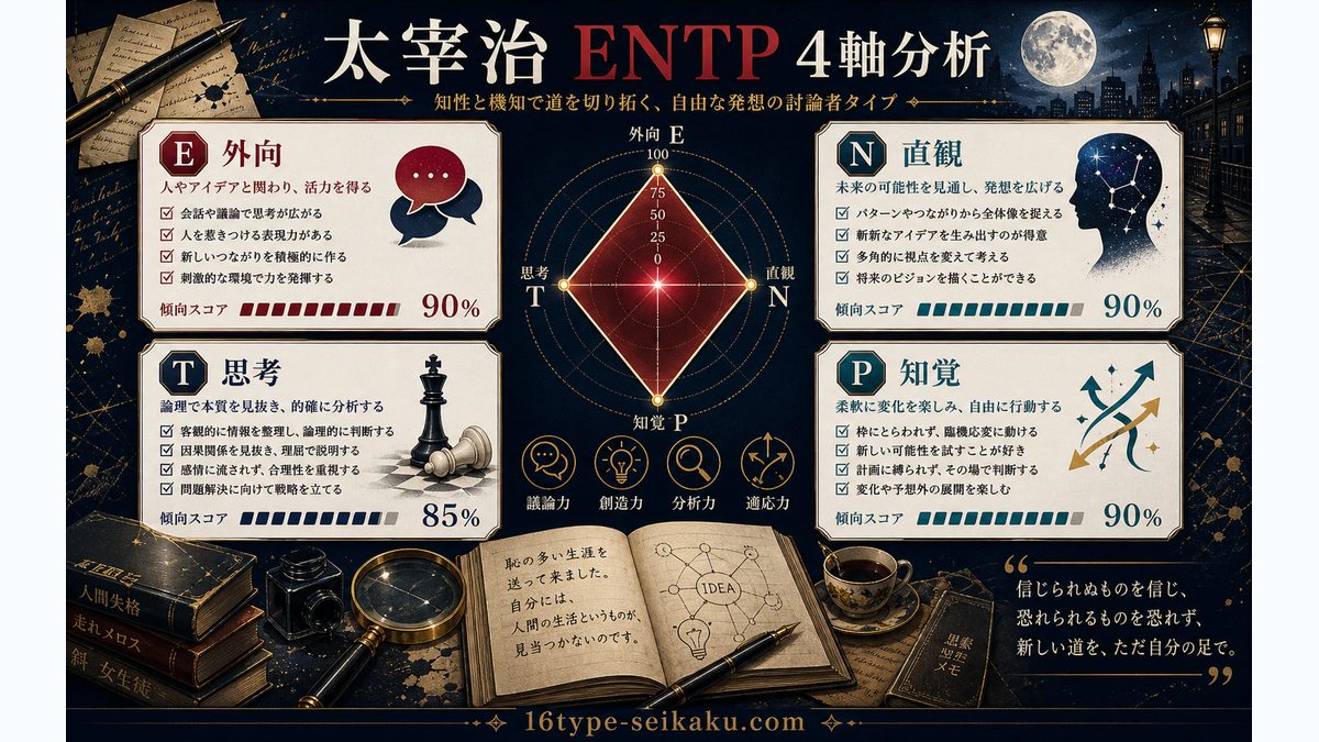 太宰治がENTP（討論者）タイプである理由の要点をまとめたMBTIキャラ診断インフォグラフィック