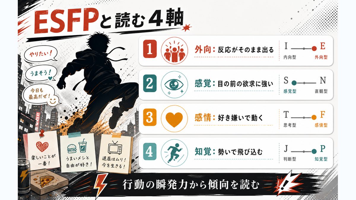デンジがESFPタイプである理由|4軸分析の要点をまとめたMBTIキャラ診断インフォグラフィック