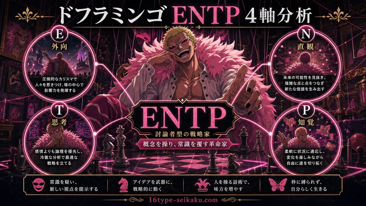 ドンキホーテ・ドフラミンゴ（ワンピース）とは？の要点をまとめたMBTIキャラ診断インフォグラフィック