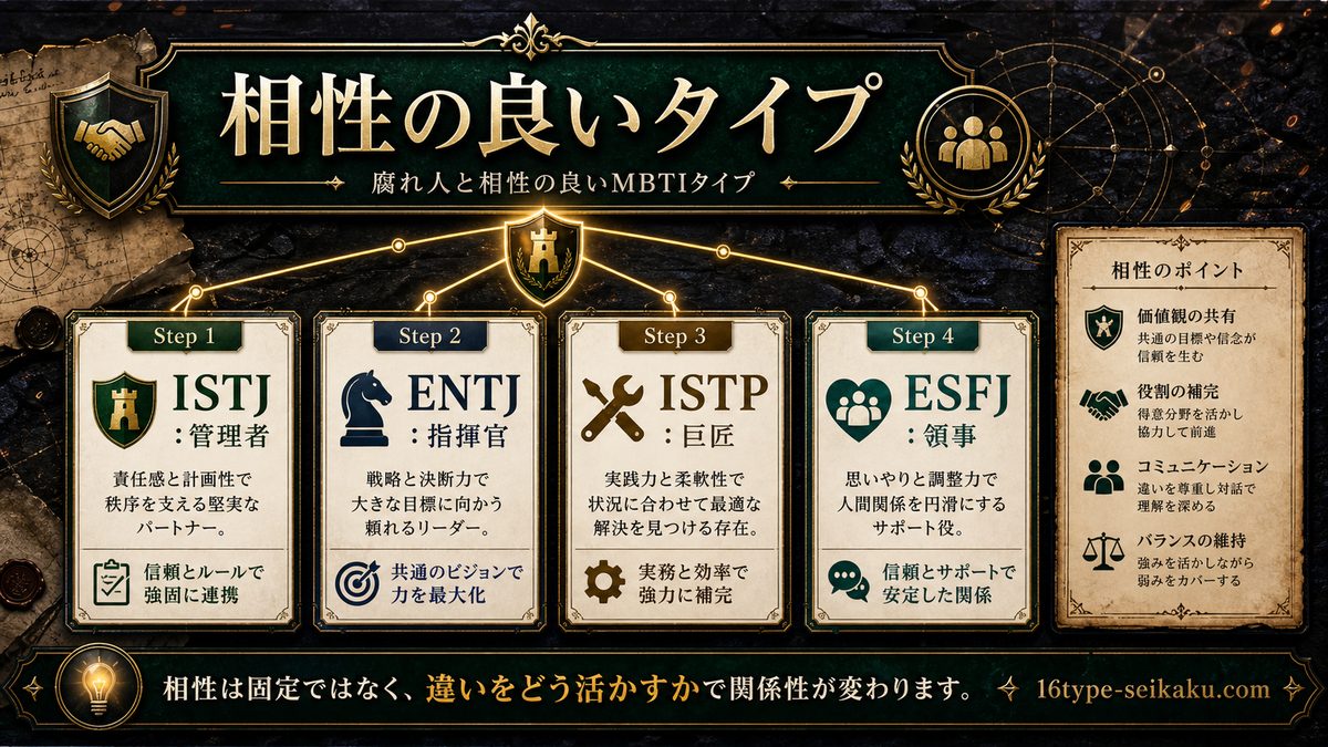 腐れ人と相性の良いMBTIタイプの要点をまとめたMBTIキャラ診断インフォグラフィック
