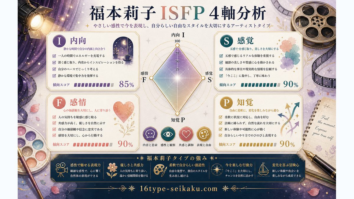 福本莉子がISFP（冒険家）タイプである理由の要点をまとめたMBTI人物分析インフォグラフィック