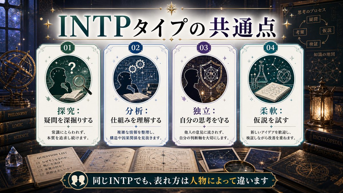他のINTP(論理学者)の性格特性を持つ芸能人の要点をまとめたMBTIキャラ診断インフォグラフィック