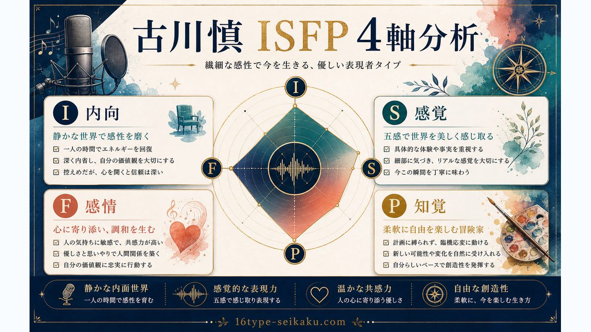 古川慎がISFP（冒険家）タイプである理由の要点をまとめたMBTI分析インフォグラフィック