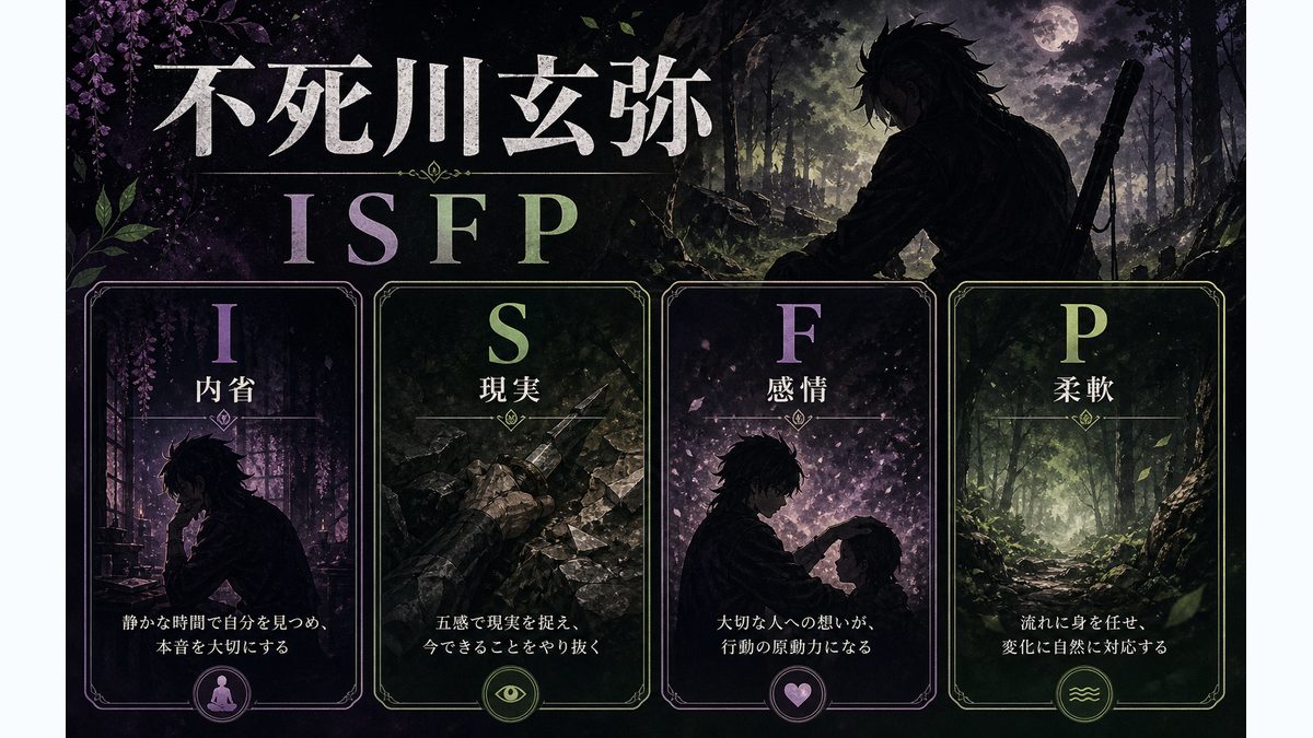 なぜ不死川玄弥（鬼滅の刃）がISFP（冒険家）なのかの要点をまとめたMBTIキャラ診断インフォグラフィック