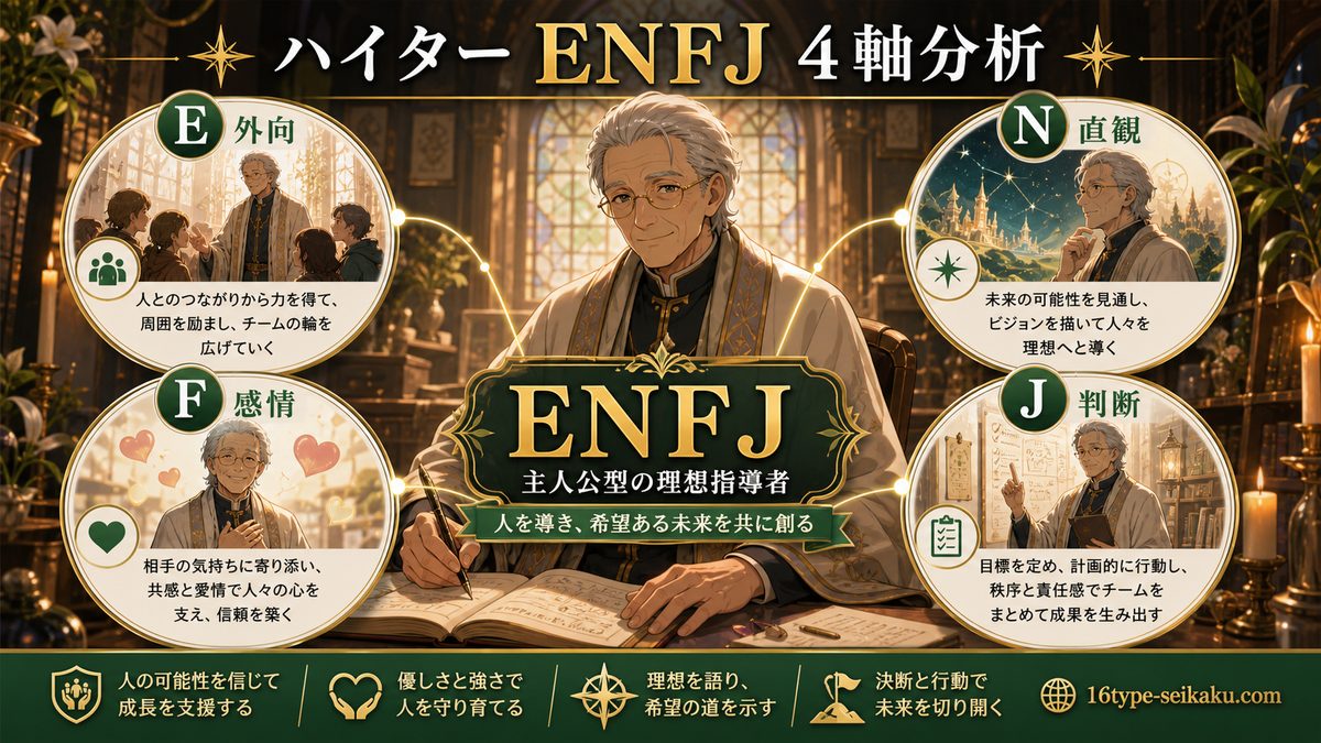 ハイターがENFJタイプである理由の要点をまとめたMBTIキャラ診断インフォグラフィック