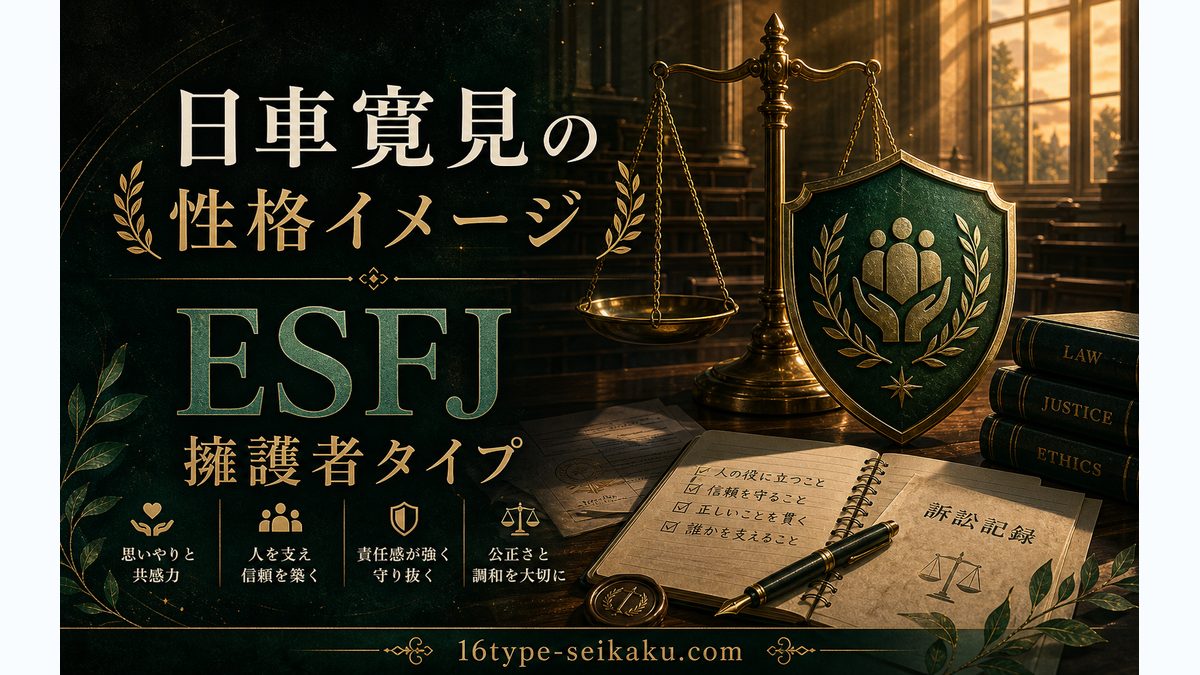 日車寛見の性格特徴の要点をまとめたMBTIキャラ診断インフォグラフィック