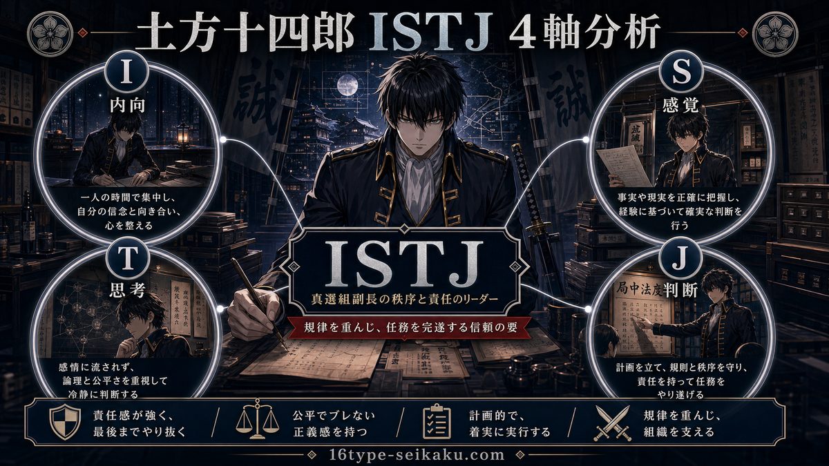 土方十四郎がISTJ（管理者）タイプである理由の要点をまとめたMBTIキャラ診断インフォグラフィック