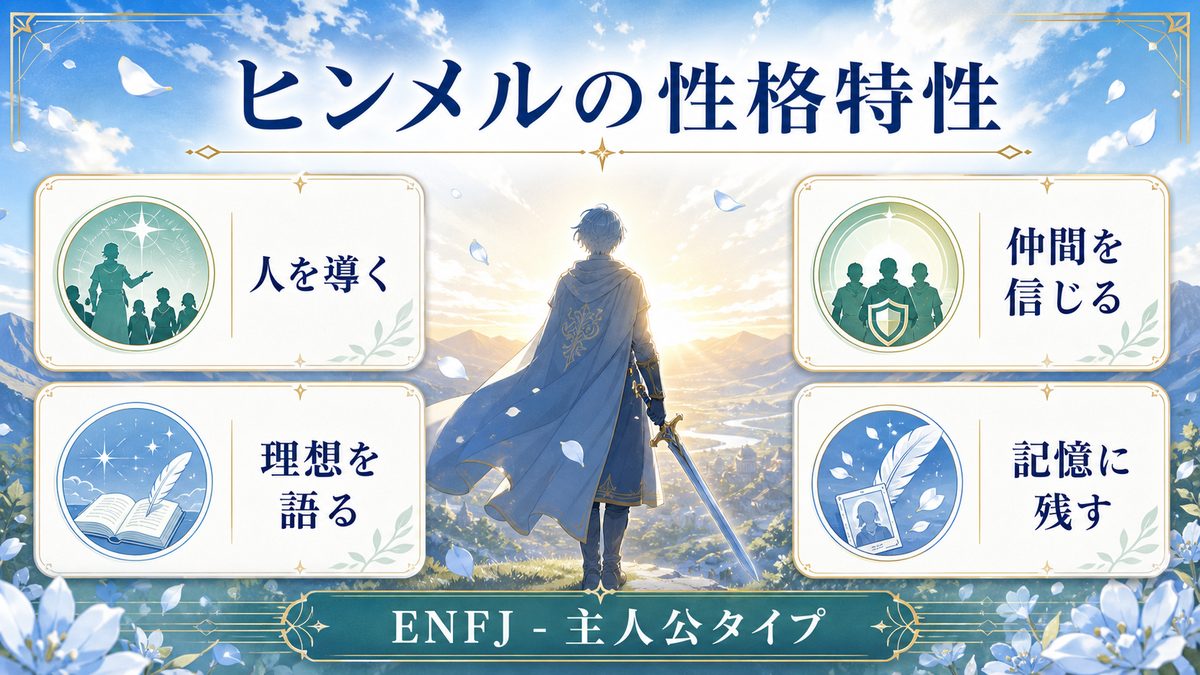 ヒンメル（葬送のフリーレン）の性格特性とは？の要点をまとめたMBTIキャラ診断インフォグラフィック