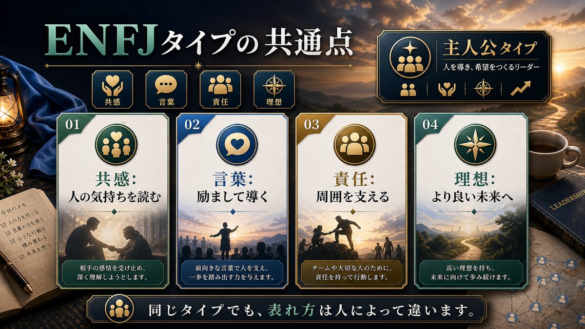 他のENFJ（主人公）の性格特性を持つ芸能人の要点をまとめたMBTIキャラ診断インフォグラフィック
