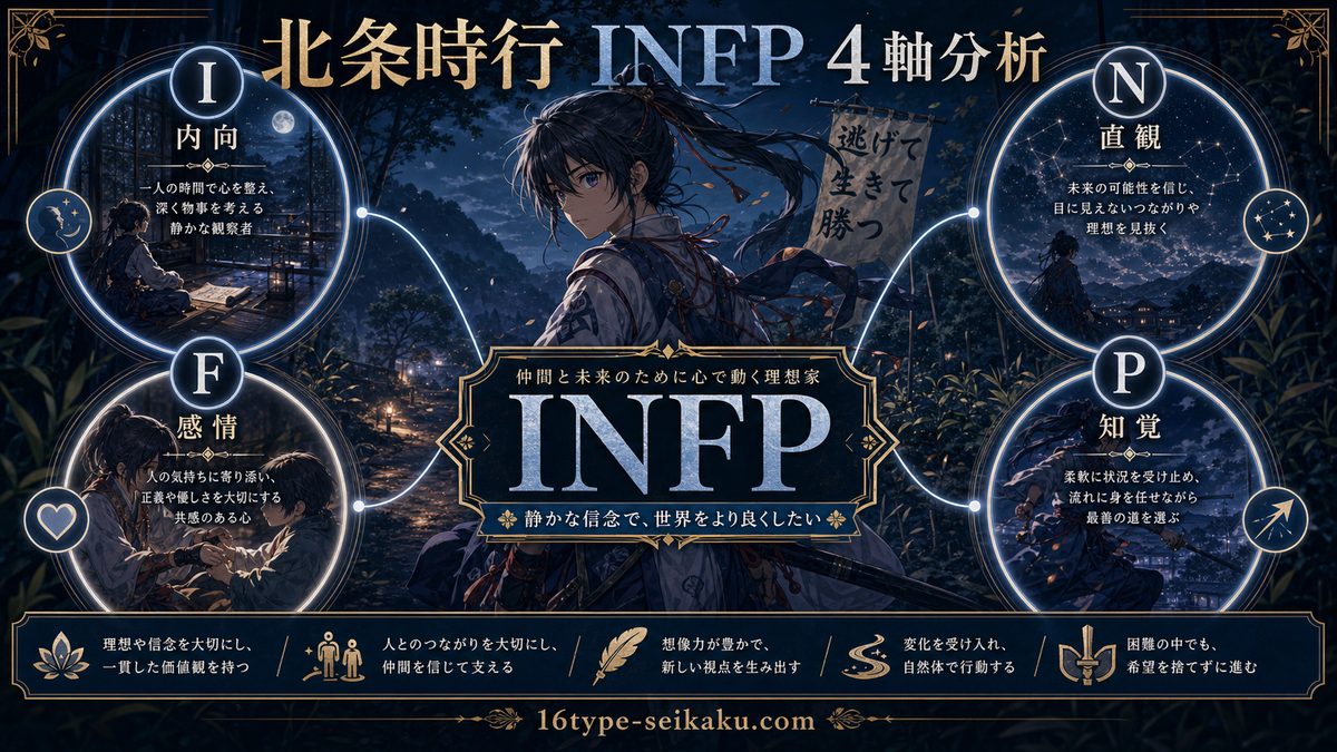 北条時行がINFPタイプである理由の要点をまとめたMBTIキャラ診断インフォグラフィック