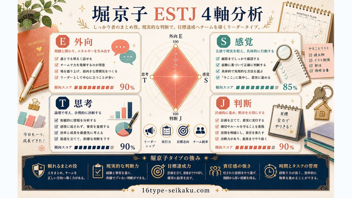 堀京子がESTJ（幹部タイプ）である理由の要点をまとめたMBTIキャラ診断インフォグラフィック