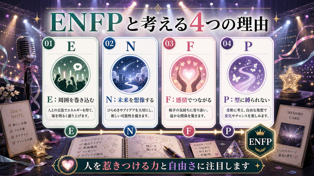なぜ星野アイがENFP（広報活動家）なのかの要点をまとめたMBTIキャラ診断インフォグラフィック