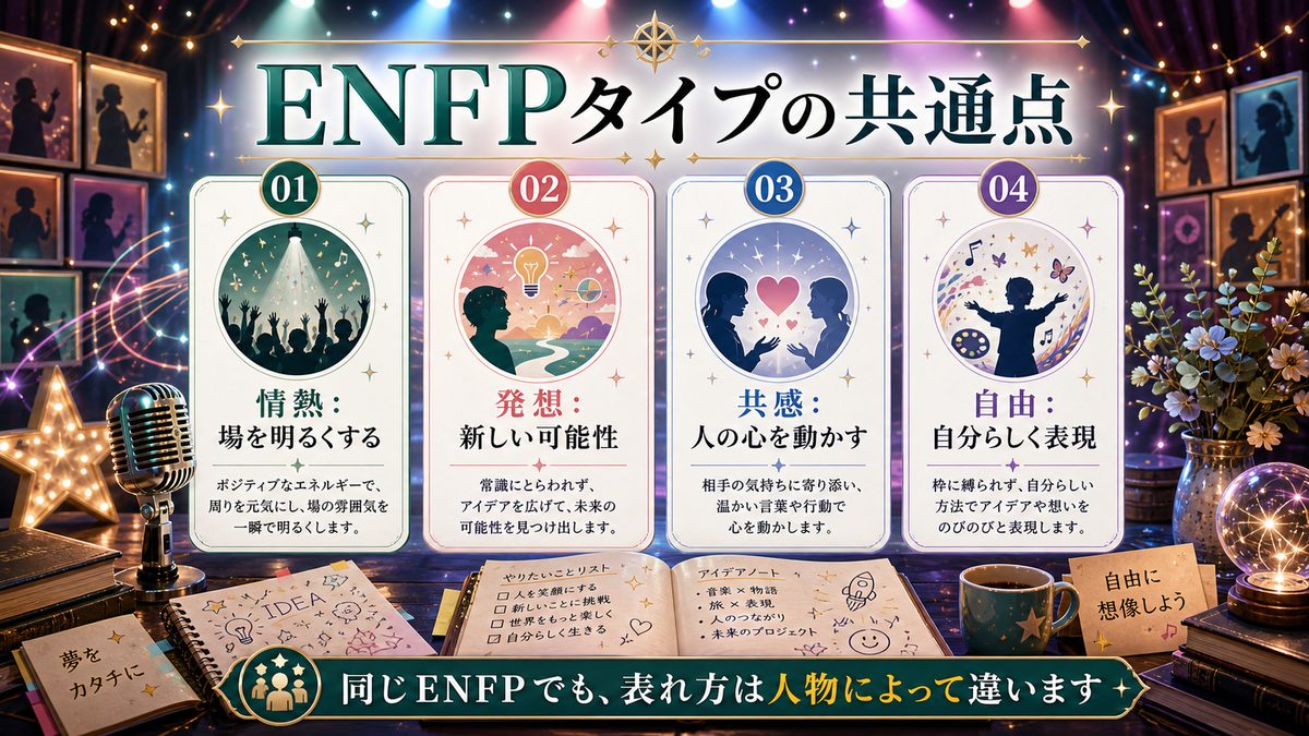 活動家（ENFP-A /ENFP-T）の性格特性を持つ芸能人の要点をまとめたMBTIキャラ診断インフォグラフィック