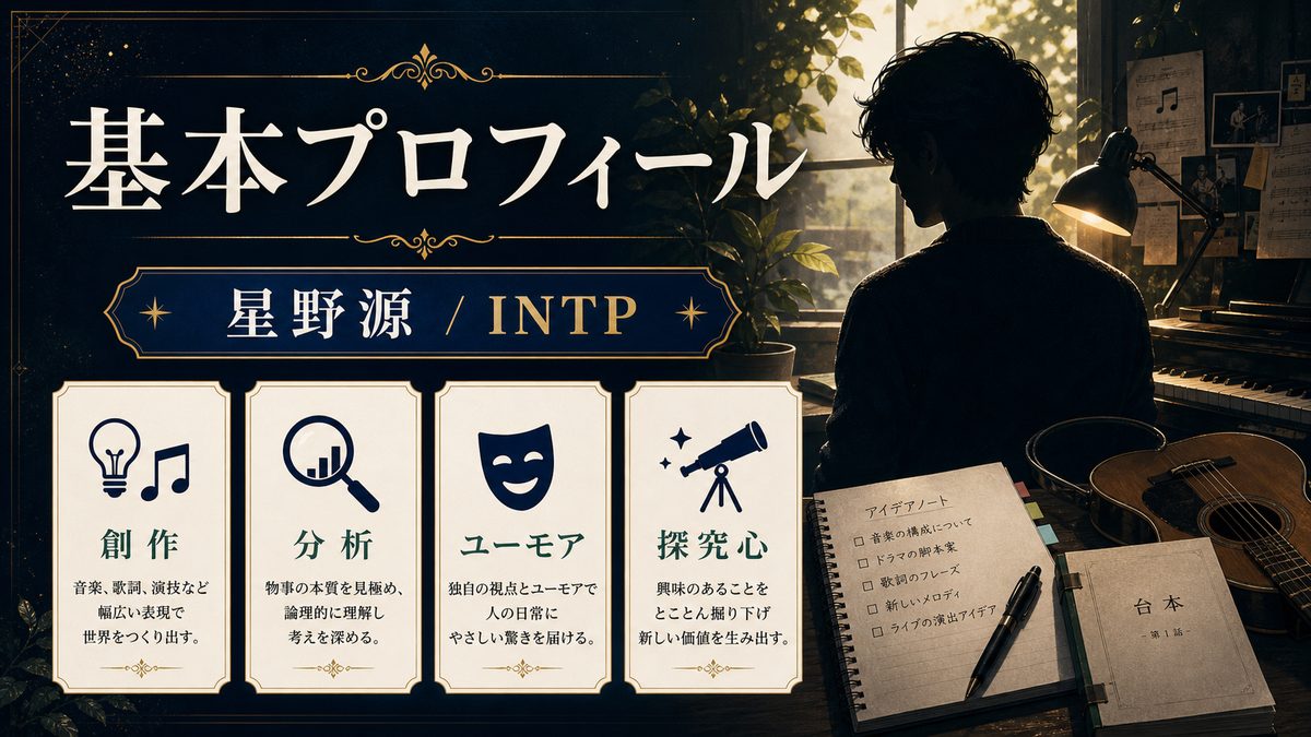 星野源の基本プロフィールの要点をまとめたMBTI人物分析インフォグラフィック