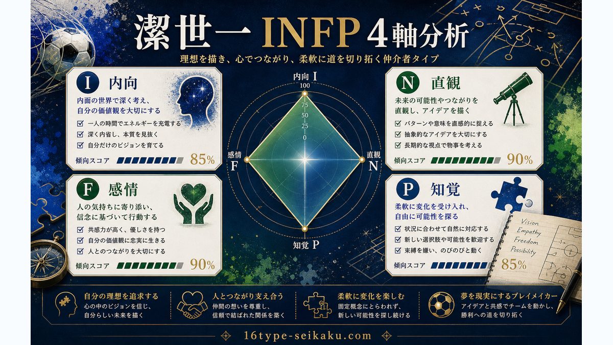 潔世一がINFPタイプである理由の要点をまとめたMBTIキャラ診断インフォグラフィック