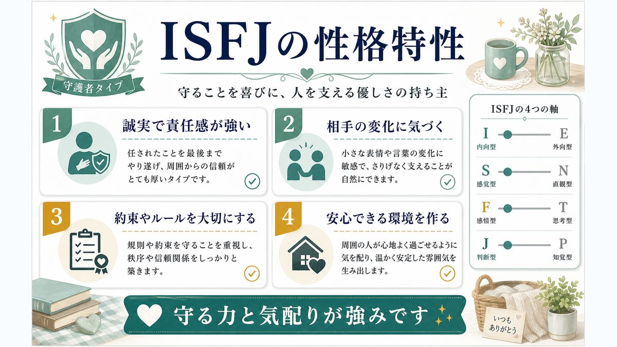 守護者（ISFJ-A / ISFJ-T）の性格特性は？の要点をまとめたMBTI分析インフォグラフィック