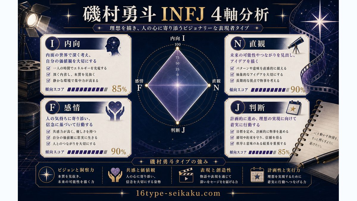 磯村勇斗がINFJタイプである理由の要点をまとめたMBTI人物分析インフォグラフィック
