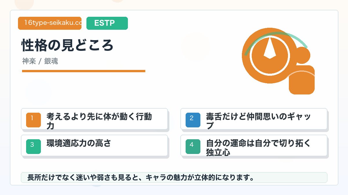 神楽の性格特徴の要点をまとめたMBTIキャラ診断インフォグラフィック