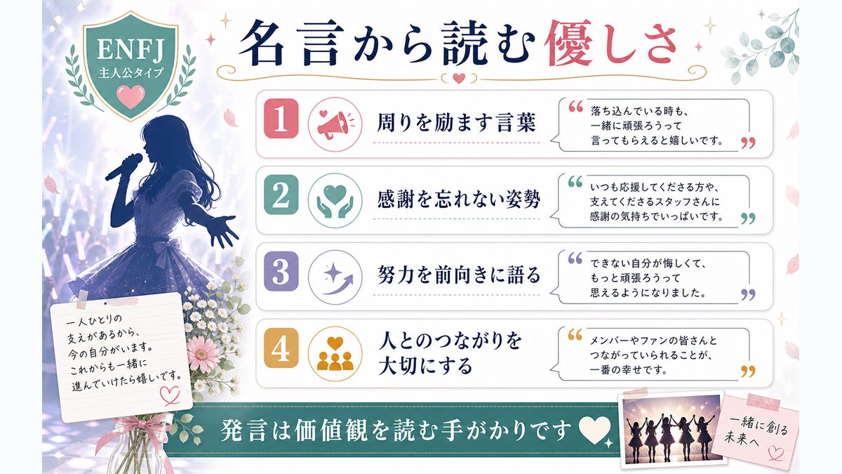 賀喜遥香さんの名言・発言から見る性格の要点をまとめたMBTI人物分析インフォグラフィック