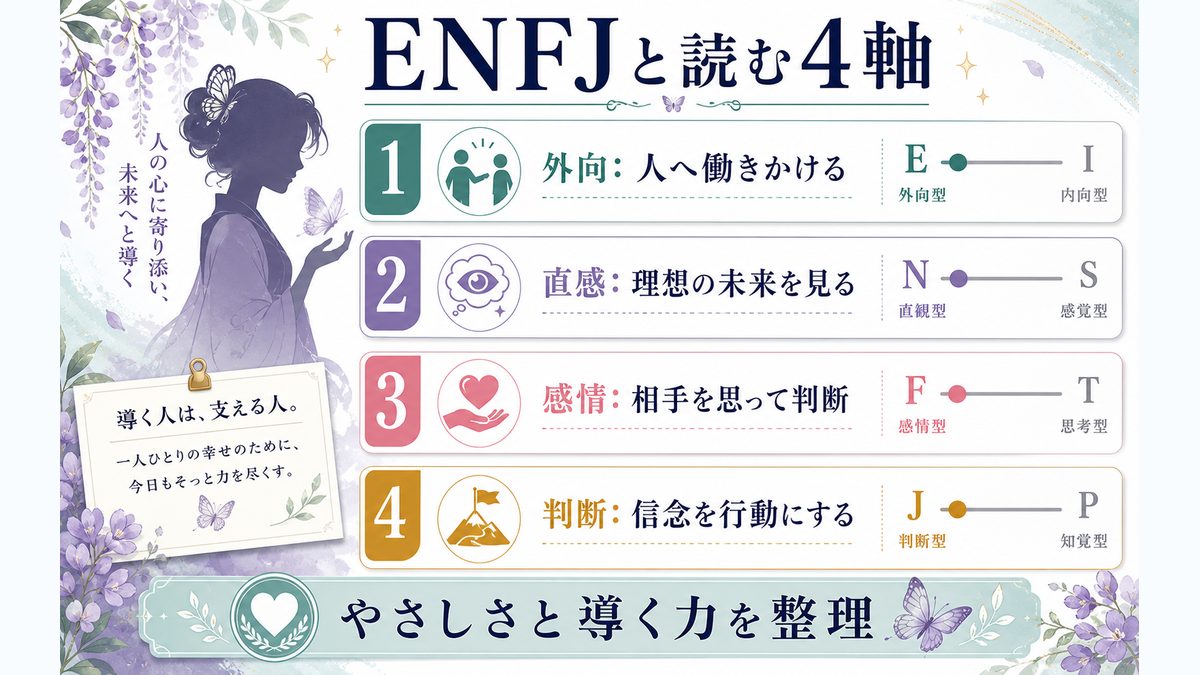 なぜ胡蝶カナエ（鬼滅の刃）がENFJ（主人公）なのかの要点をまとめたMBTIキャラ診断インフォグラフィック