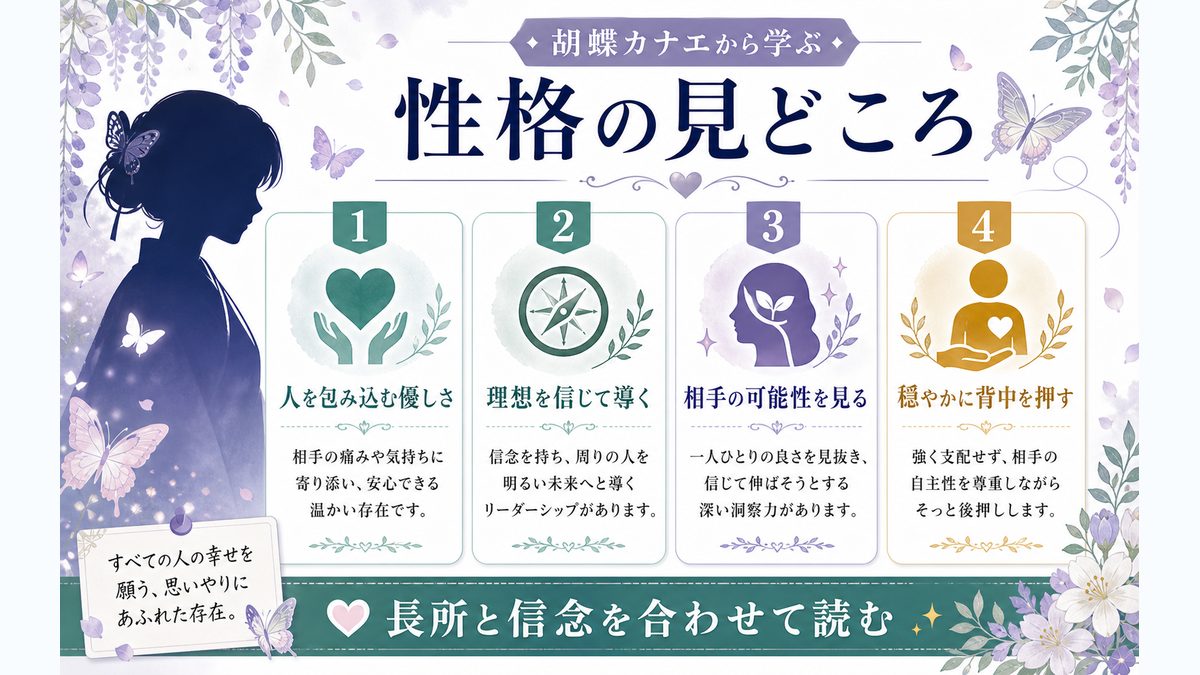 胡蝶カナエ（鬼滅の刃）の性格特性とは？の要点をまとめたMBTIキャラ診断インフォグラフィック