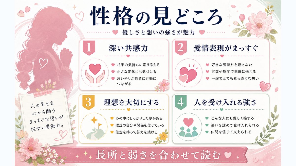 甘露寺蜜璃（鬼滅の刃）の性格特性とは？の要点をまとめたMBTIキャラ診断インフォグラフィック