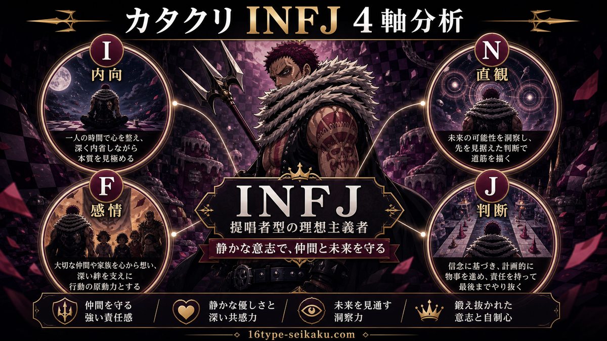 カタクリがINFJタイプである理由｜4軸分析の要点をまとめたMBTIキャラ診断インフォグラフィック