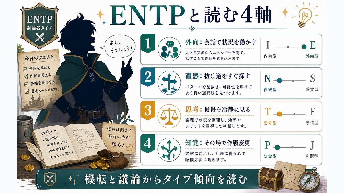 カズマ(佐藤和真)がENTPタイプである理由の要点をまとめたMBTIキャラ診断インフォグラフィック