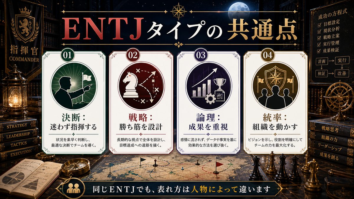 指揮官（ENTJ-A / ENTJ-T）の性格特性を持つ芸能人の要点をまとめたMBTIキャラ診断インフォグラフィック