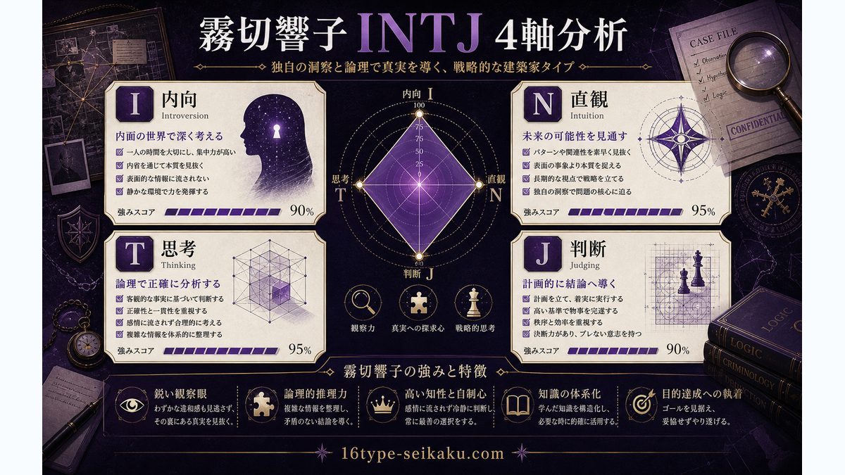 霧切響子がINTJタイプである理由の要点をまとめたMBTIキャラ診断インフォグラフィック