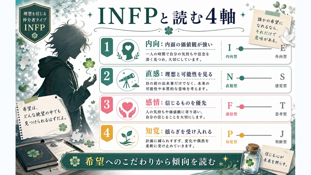 狛枝凪斗がINFPタイプである理由の要点をまとめたMBTIキャラ診断インフォグラフィック