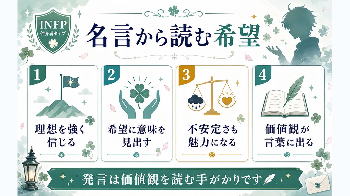 狛枝凪斗の心に残る名言5選の要点をまとめたMBTIキャラ診断インフォグラフィック