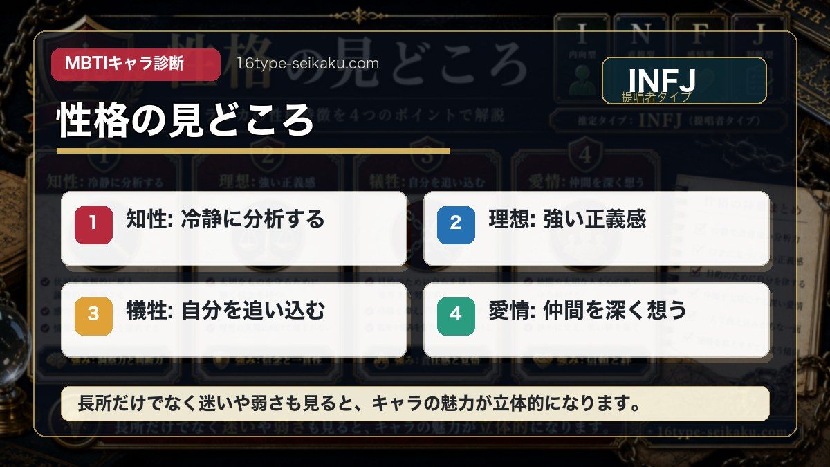 クラピカの性格特徴の要点をまとめたMBTIキャラ診断インフォグラフィック