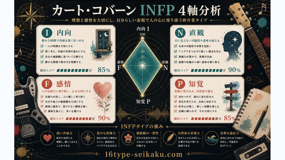 なぜカート・コバーンがINFP（仲介者）なのかの要点をまとめたMBTI人物分析インフォグラフィック