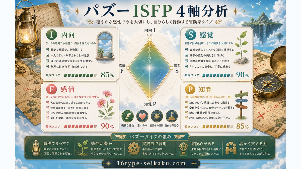 パズーがISFPタイプである理由の要点をまとめたMBTIキャラ診断インフォグラフィック