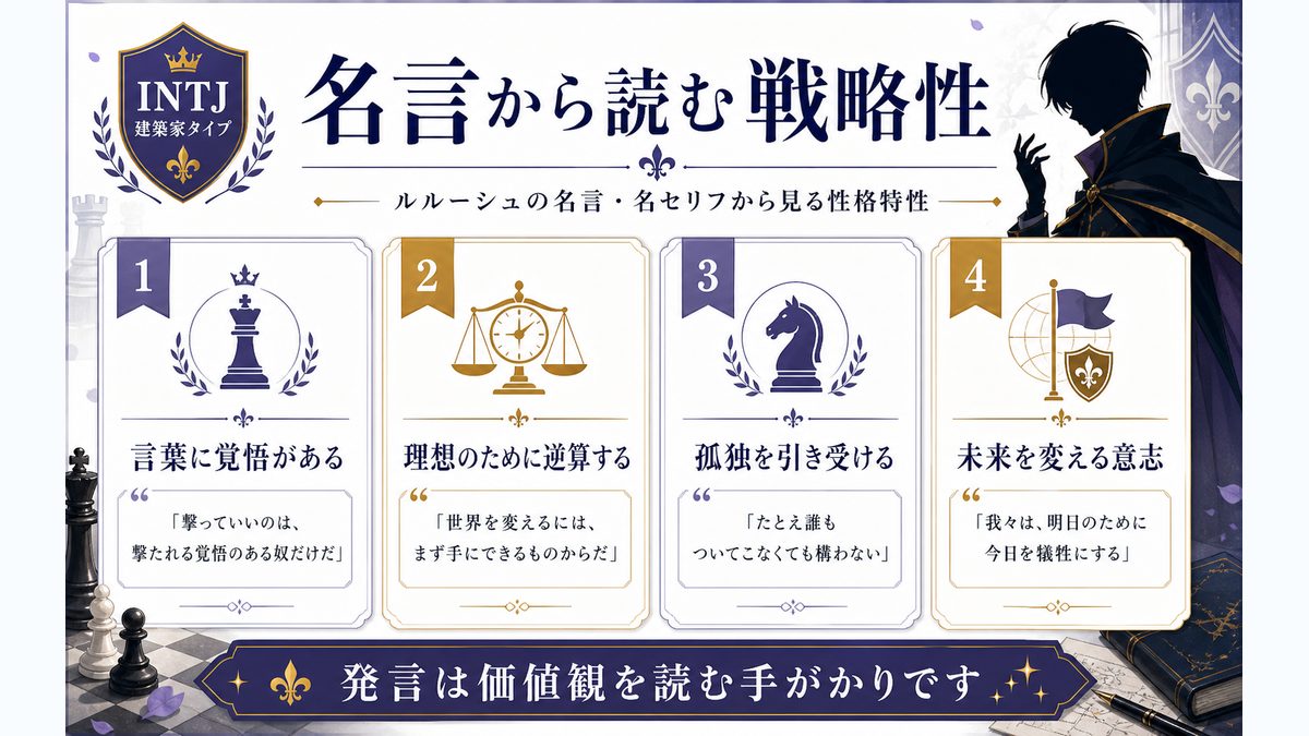 ルルーシュの心に残る名言・名セリフ 6選の要点をまとめたMBTIキャラ診断インフォグラフィック