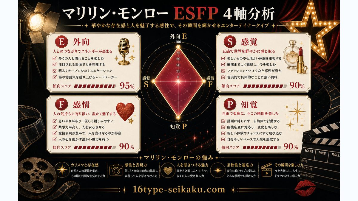 なぜマリリン・モンローがESFP（楽天家）なのかの要点をまとめたMBTI人物分析インフォグラフィック