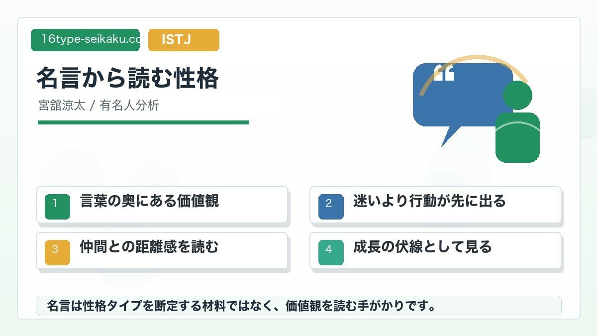 宮舘涼太の心に残る名言・発言の要点をまとめたMBTI人物分析インフォグラフィック
