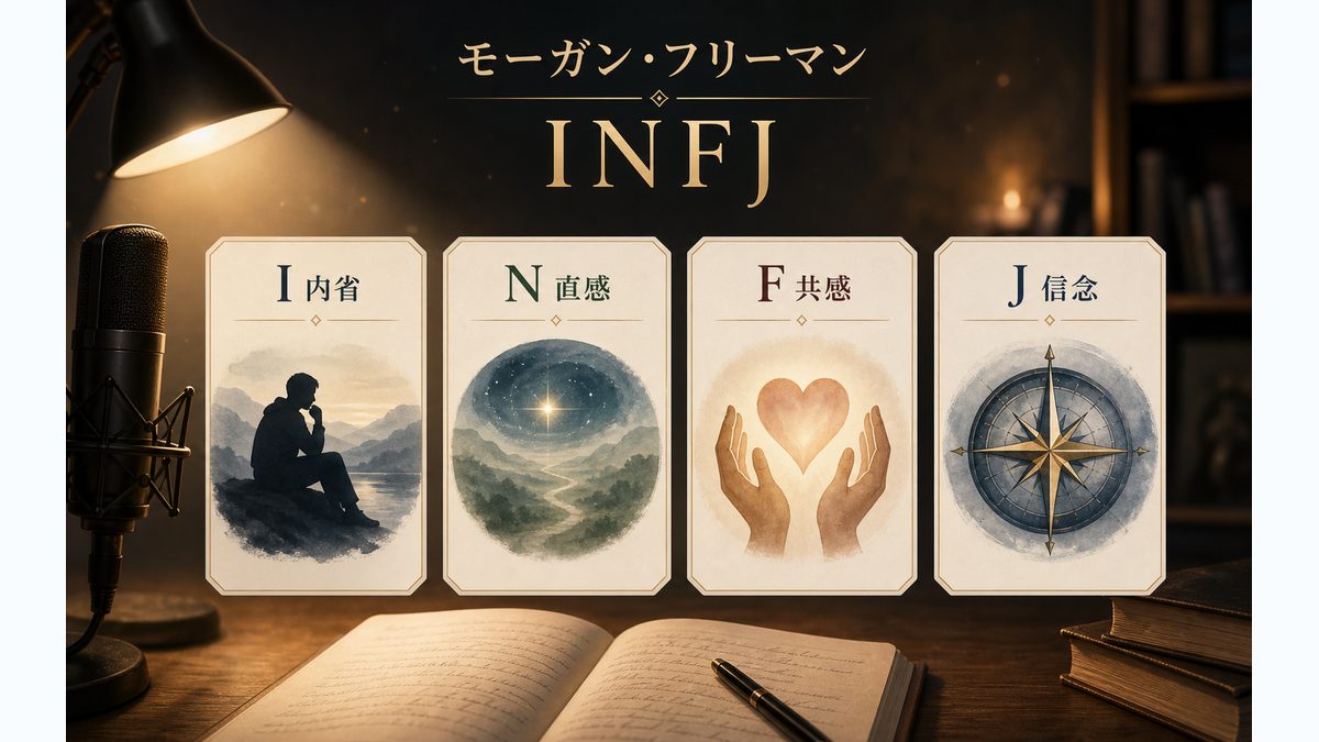 なぜモーガン・フリーマンがINFJ（提唱者）なのかの要点をまとめたMBTI人物分析インフォグラフィック