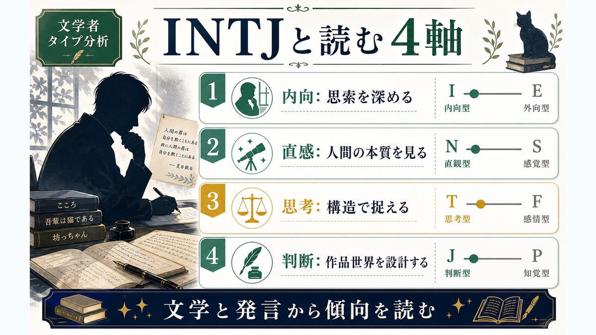 夏目漱石がINTJタイプである理由の要点をまとめたMBTI人物分析インフォグラフィック