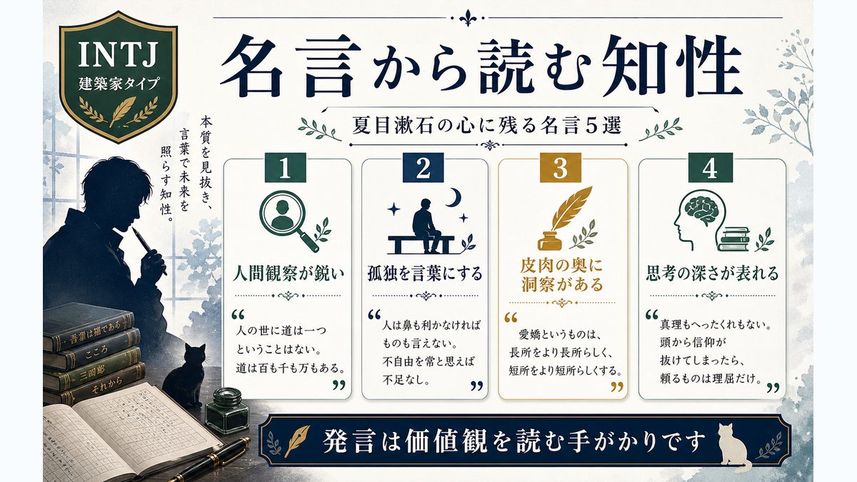 夏目漱石の心に残る名言5選の要点をまとめたMBTI人物分析インフォグラフィック