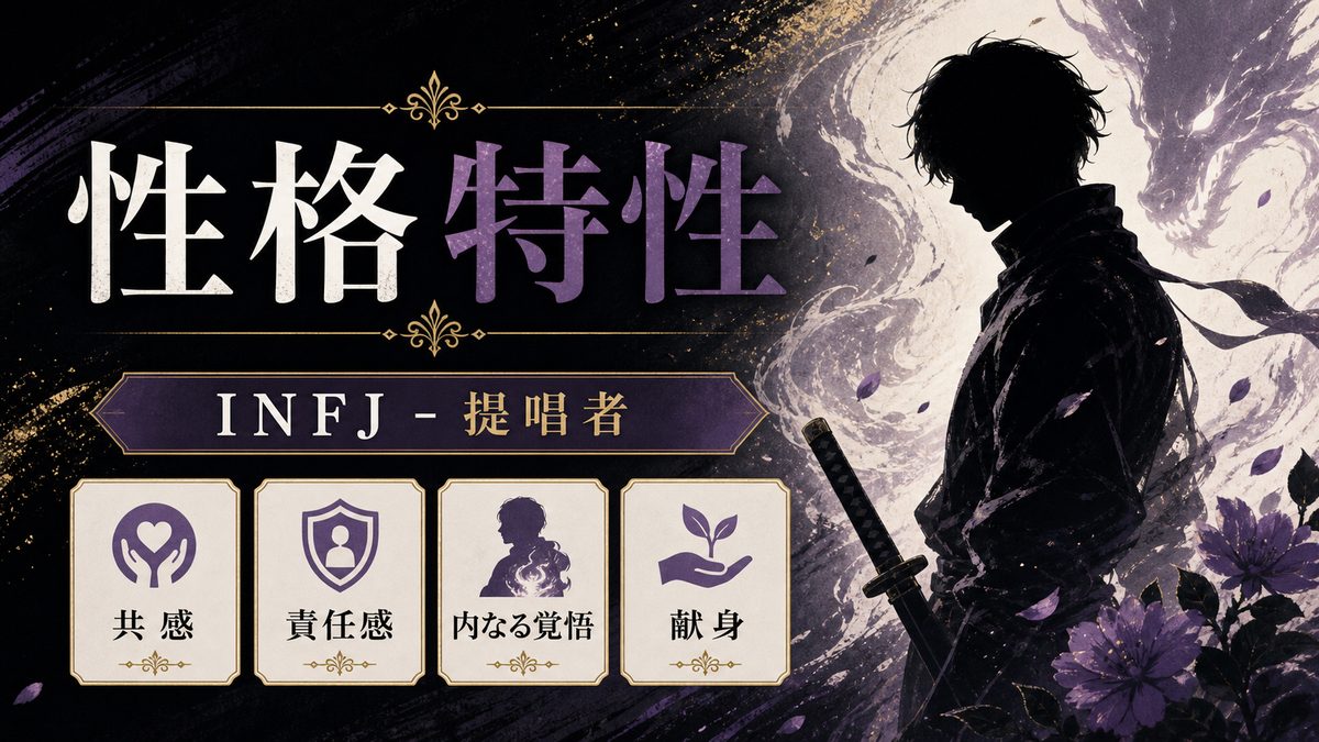 乙骨憂太（呪術廻戦）の性格特性とは？の要点をまとめたMBTIキャラ診断インフォグラフィック